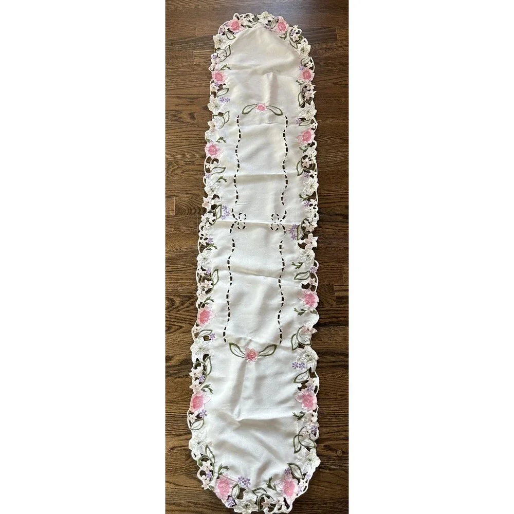 Polyester Table Runner w/ Floral Cutwork Embroidery 13.5 x 57